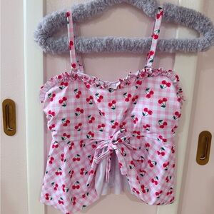 SHEIN PLUS Pink Cherry Gingham Ruffle Tie-Front Tankini Top